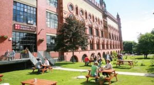 Beer garden with people enjoying the sunshine